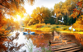 深秋景色木橋電視背景墻