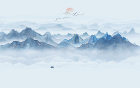 藍(lán)色禪意水墨山水畫背景墻