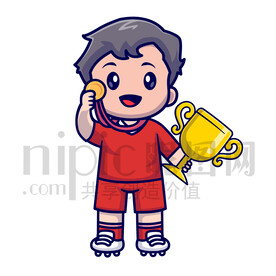 可卡通獲得榮譽(yù)獎(jiǎng)杯獎(jiǎng)牌的小男孩