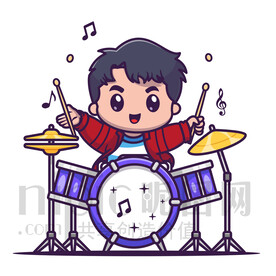 可爱卡通打架子鼓的小男孩