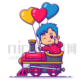卡通坐火車(chē)的小男孩