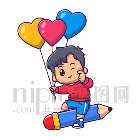 可愛(ài)卡通坐在鉛筆上的小男孩