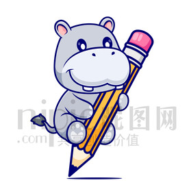 可愛卡通河馬趴在鉛筆上
