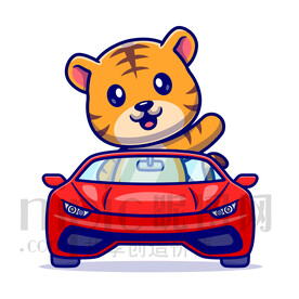 可爱卡通坐小汽车的小老虎