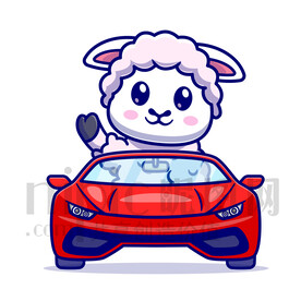 可愛卡通坐小汽車的小綿羊