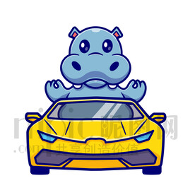 可愛卡通坐小汽車的河馬先生