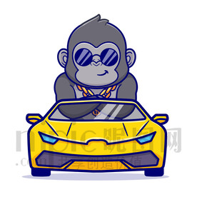 可爱卡通坐小汽车的大猩猩