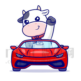 可愛卡通坐小汽車的小牛奶