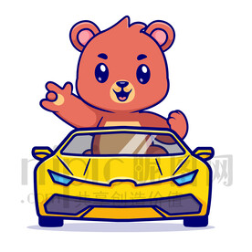 可愛卡通坐小汽車的灰熊
