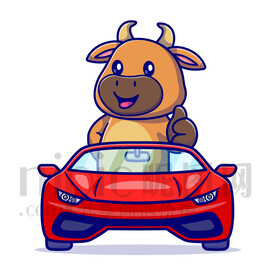 可愛卡通坐小汽車的小黃牛