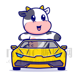 可爱卡通坐小汽车的小奶牛