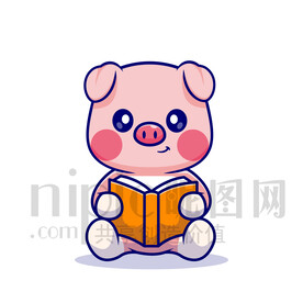 可爱卡通拿着书学习的小猪