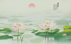 中式手繪荷花背景墻