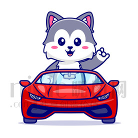 可愛卡通坐汽車的狼狗