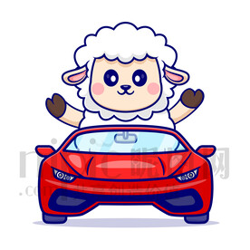 可愛卡通坐汽車的綿羊