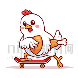 可愛卡通抱著雞腿玩滑板的雞