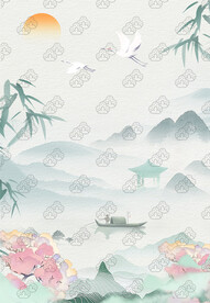 中國風古風山水江面仙鶴落日插畫