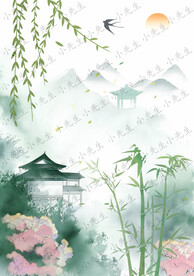 古風中國風亭臺樓閣竹子山水畫