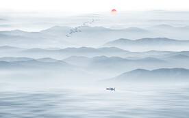 藍(lán)色水墨山水畫(huà)背景墻