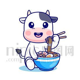 可愛卡通吃面的牛