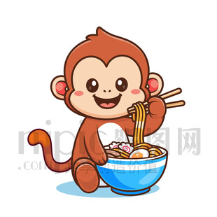 可愛卡通吃面條的猴子