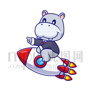 可愛卡通坐火箭的河馬