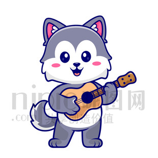 可愛卡通彈吉他的大灰狼