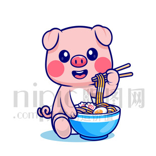 可愛卡通小豬吃面條