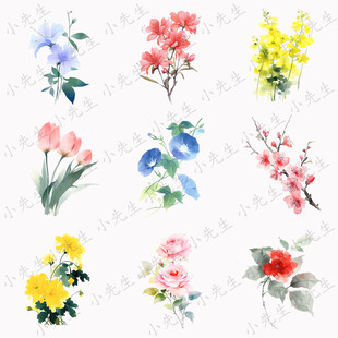 七彩花朵花卉鮮花插畫貼紙