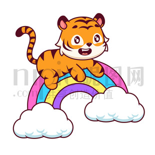 可爱卡通趴在彩虹上的老虎