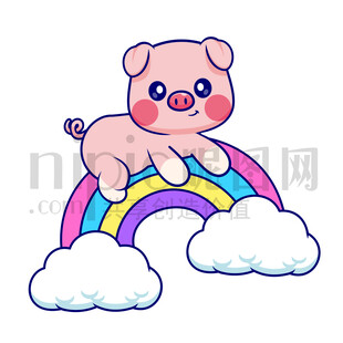 可愛卡通趴在彩虹上的豬豬