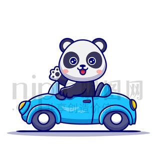 可愛卡通開小汽車的大熊貓