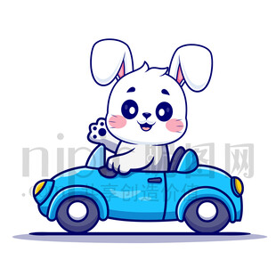 可愛卡通開小汽車的小白兔
