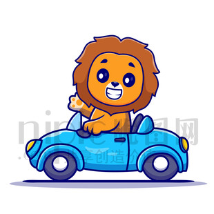 可愛卡通開小汽車的獅子