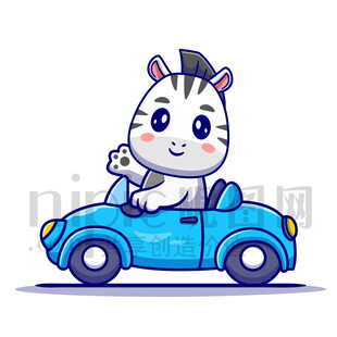 可愛卡通開小汽車的斑馬