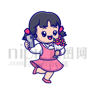 可愛卡通小女孩抱著花