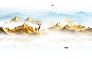 金箔麋鹿山水畫背景墻