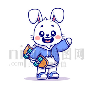 可愛卡通玩滑板的小白兔