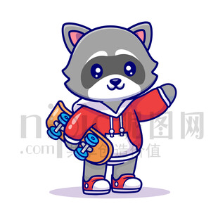 可愛(ài)卡通玩滑板的小浣熊