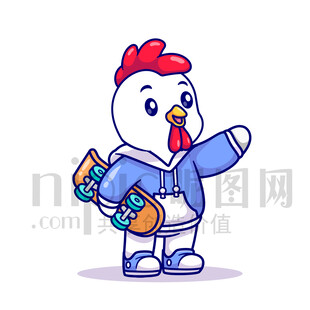 可愛(ài)卡通玩滑板的公雞