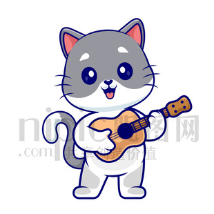 可爱卡通弹吉他的猫咪