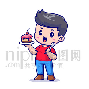 可愛卡通吃甜點(diǎn)的男孩