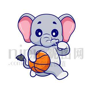 可愛(ài)卡通愛(ài)運(yùn)動(dòng)打籃球的大象