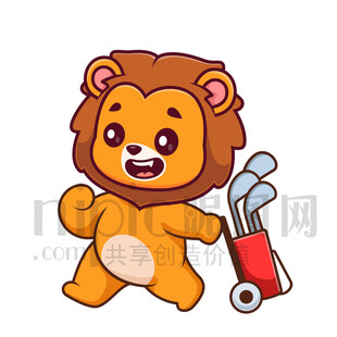 可愛卡通打高爾夫球的獅子