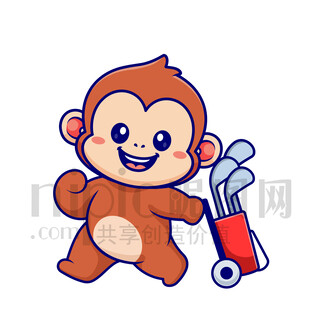 可愛卡通打高爾夫球的猴子