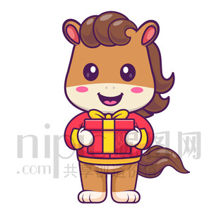 可愛卡通抱著禮物禮品的馬