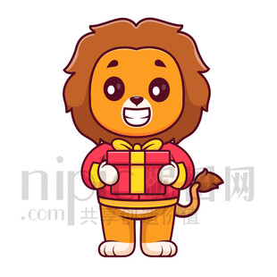 可愛卡通抱著禮物禮品的獅子