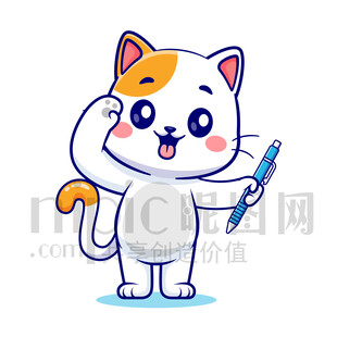 可愛卡通拿著筆敬禮的貓咪