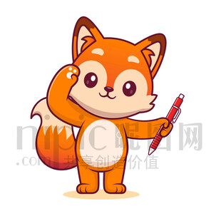 可爱卡通拿着笔敬礼的狐狸