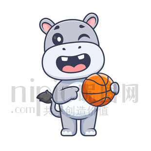 可愛卡通抱著籃球的河馬